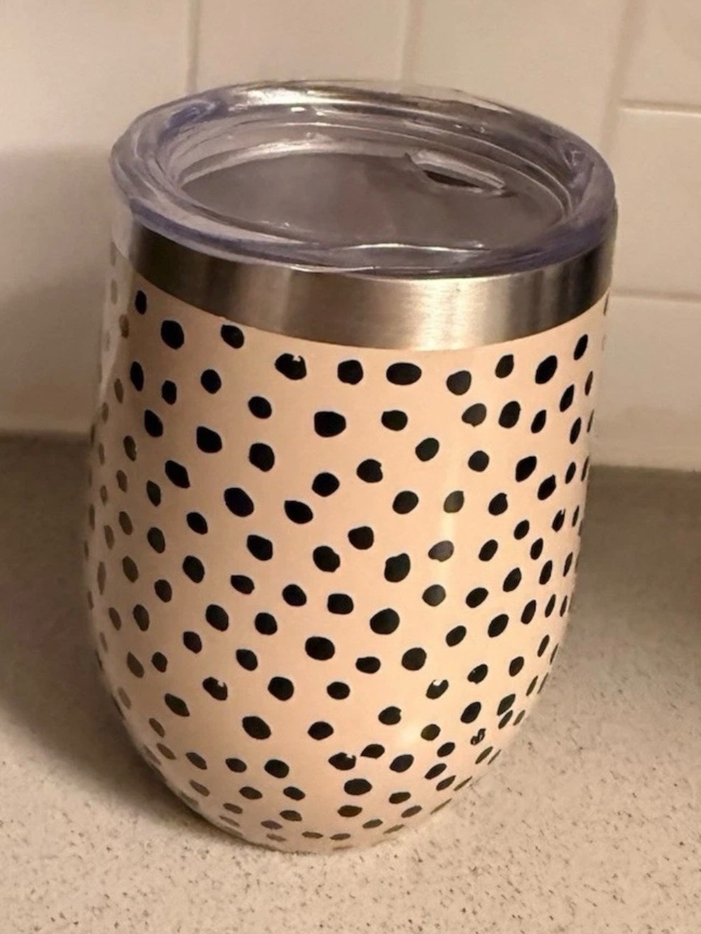 Polka Dot Beige Black Insulated Stainless Steel Wine Tumbler with Lid